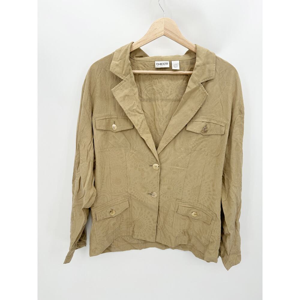 Chico's Soybean Fiber Silk Cream Tan Printed Button Down Jacket Shirt Large 3